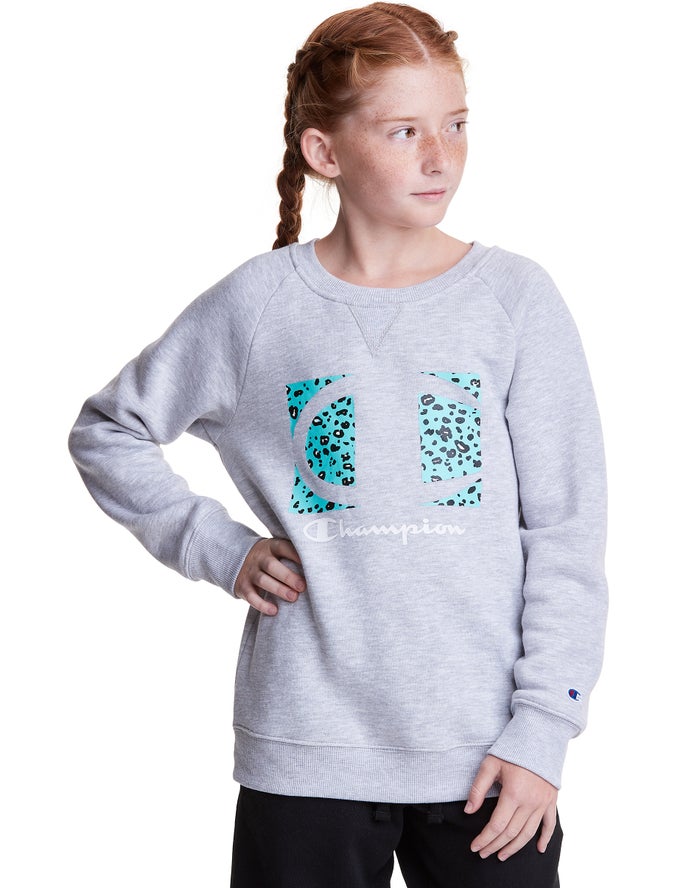 Champion Pige Hættetrøje Grå - Fleece Raglan Crew Leopard Knockout Logo - Danmark QZK-952643